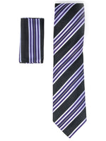 Load image into Gallery viewer, Men&#39;s Silk Woven Wedding Neck Tie With Handkerchief Neck Tie TheDapperTie Black, White &amp; Purple Stripe Regular 
