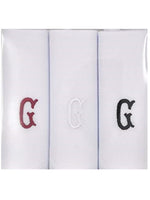 Load image into Gallery viewer, Men&#39;s Cotton Monogrammed Handkerchiefs Initial Letter Hanky Handkerchiefs TheDapperTie White G 2 x 3 Pack  
