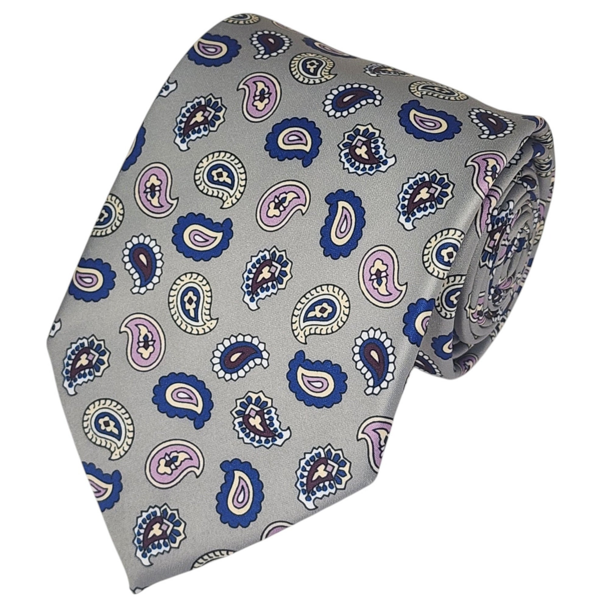 TheDapperTie Men's Paisley Printed Design 100% Micro Fiber 3.25" W x 58" L Necktie Neck Tie TheDapperTie Silver, Royal Blue And Pink