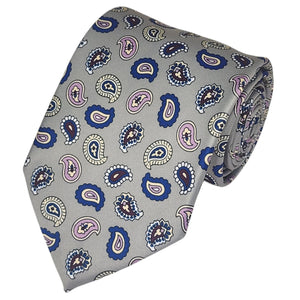 TheDapperTie Men's Paisley Printed Design 100% Micro Fiber 3.25" W x 58" L Necktie Neck Tie TheDapperTie Silver, Royal Blue And Pink