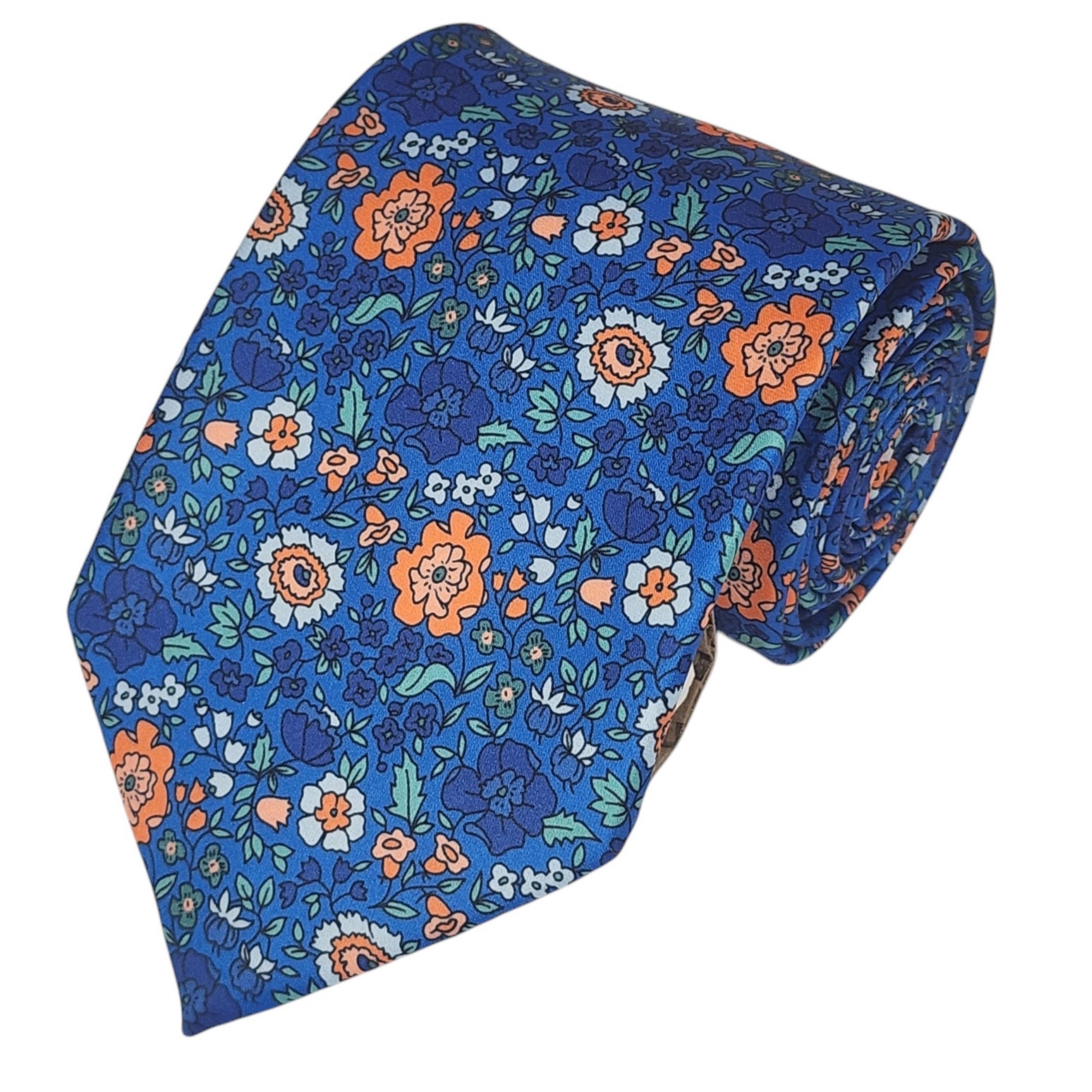 TheDapperTie Men's Floral Printed Design 100% Micro Fiber 3.25" W x 58" L Necktie Neck Tie TheDapperTie Royal Blue, Blue And Orange