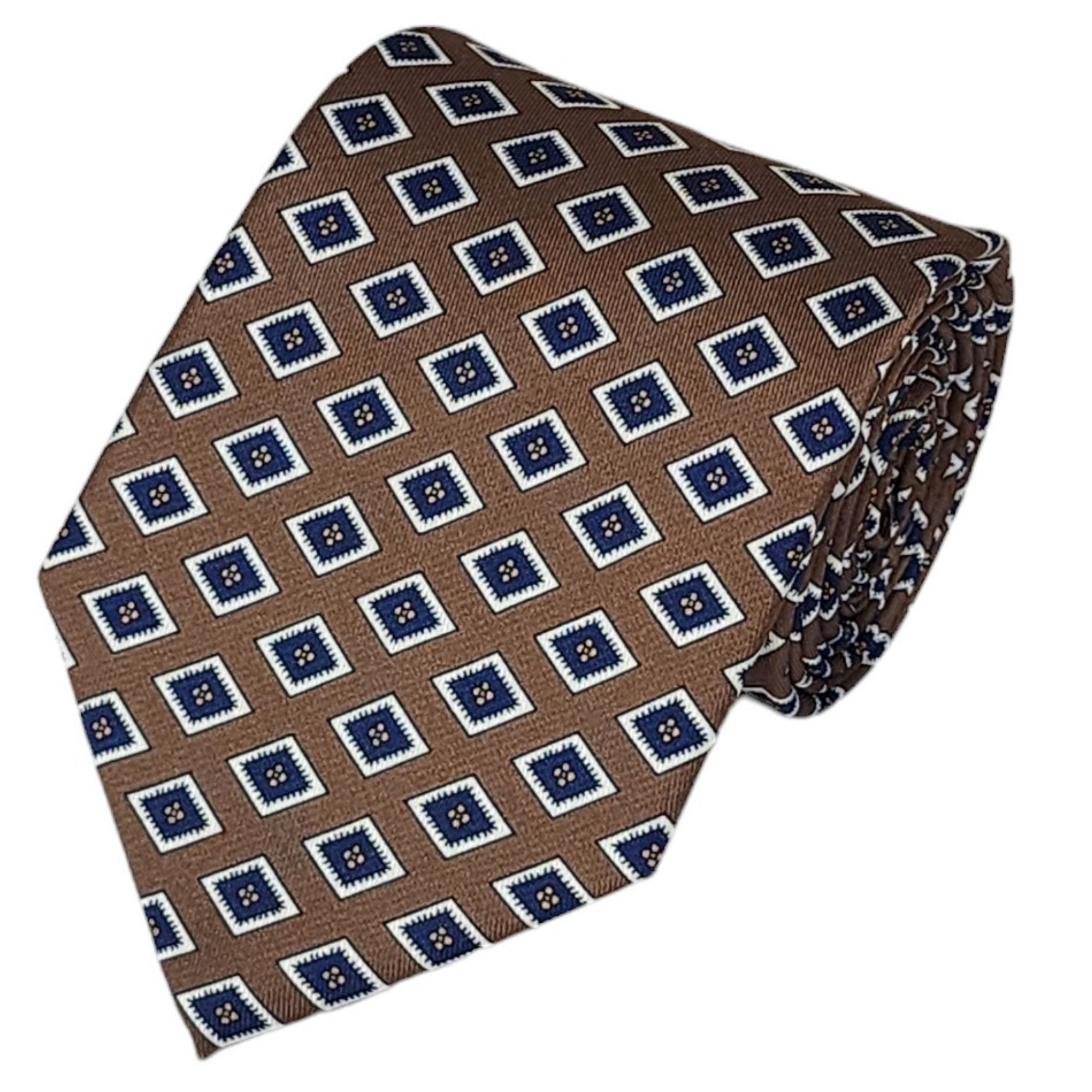 TheDapperTie Men's Geometric Printed Design 100% Micro Fiber 3.25" W x 58" L Necktie Neck Tie TheDapperTie Brown, Navy, Yellow