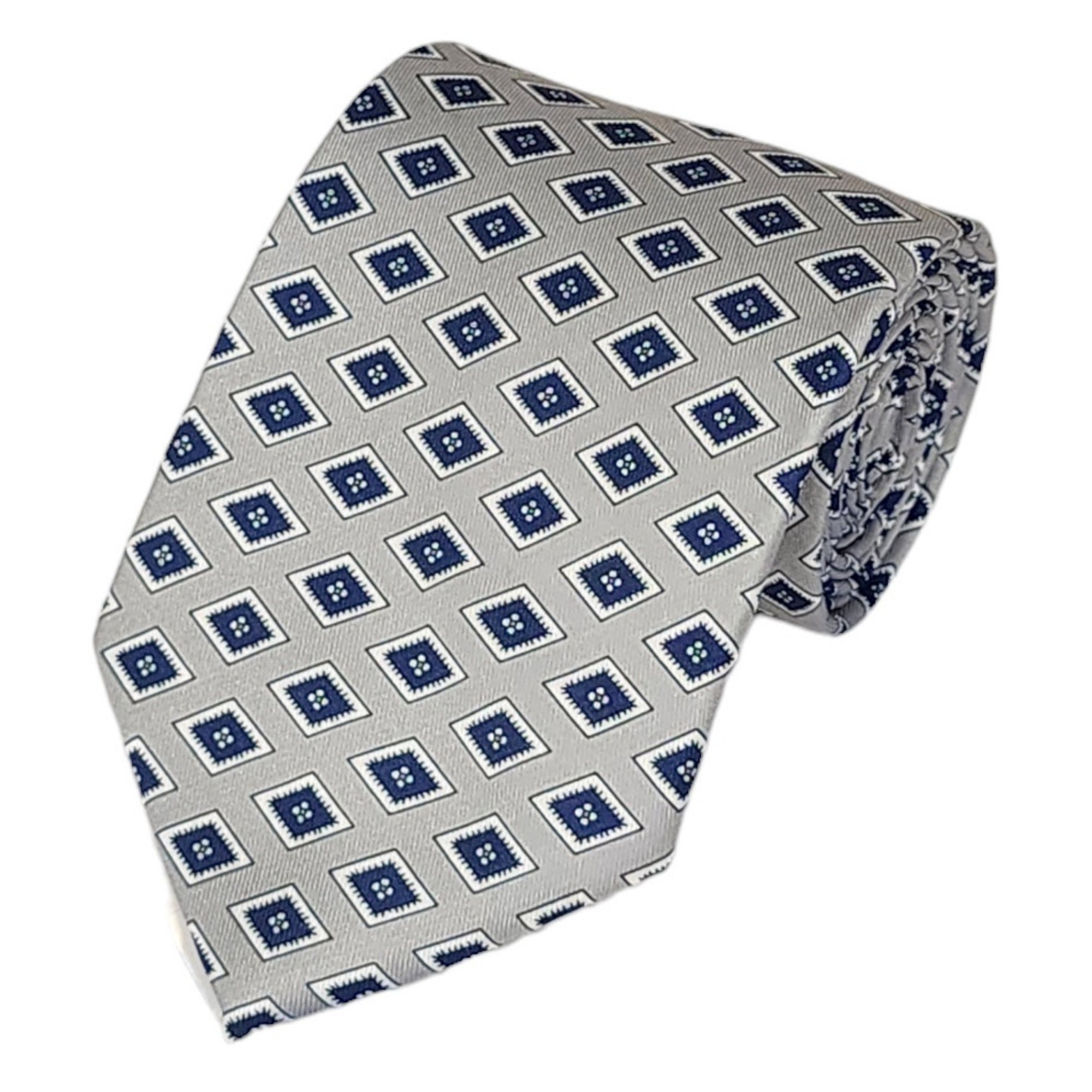 TheDapperTie Men's Geometric Printed Design 100% Micro Fiber 3.25" W x 58" L Necktie Neck Tie TheDapperTie Silver, Navy, White