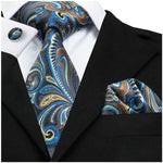 Load image into Gallery viewer, Men&#39;s Blue And Brown Paisley 100% Silk Neck Tie With Matching Hanky And Cufflinks Set Neck Tie Barry Wang   
