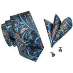 Load image into Gallery viewer, Men&#39;s Blue And Brown Paisley 100% Silk Neck Tie With Matching Hanky And Cufflinks Set Neck Tie Barry Wang   
