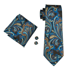 Men's Blue And Brown Paisley 100% Silk Neck Tie With Matching Hanky And Cufflinks Set Neck Tie Barry Wang   