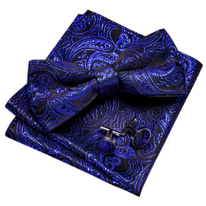 Men's Royal Blue Paisley 100% Silk Pre-Tied adjustable Bow Tie Pocket Square Cufflinks Set Neck Tie Barry Wang   