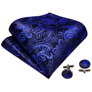 Men's Royal Blue Paisley 100% Silk Pre-Tied adjustable Bow Tie Pocket Square Cufflinks Set Neck Tie Barry Wang   