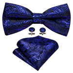 Load image into Gallery viewer, Men&#39;s Royal Blue Paisley 100% Silk Pre-Tied adjustable Bow Tie Pocket Square Cufflinks Set Neck Tie Barry Wang   
