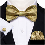 Load image into Gallery viewer, Men&#39;s Gold Paisley 100% Silk Self Tie Bow Tie Pocket Square Cufflinks Set Neck Tie Barry Wang   

