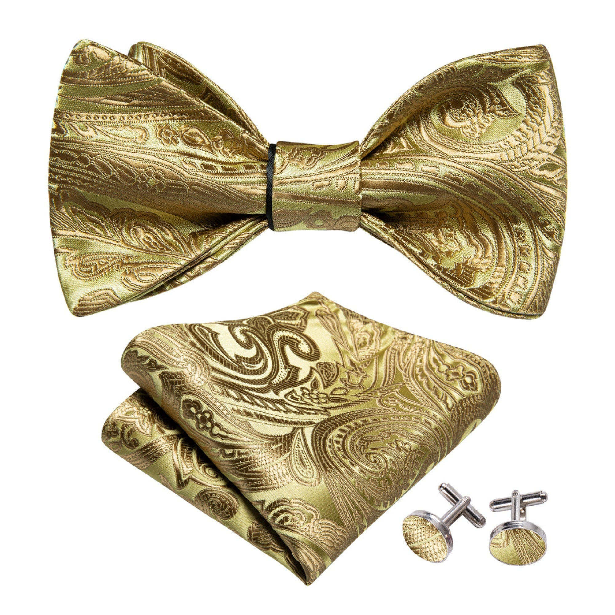 Men's Gold Paisley 100% Silk Self Tie Bow Tie Pocket Square Cufflinks Set Neck Tie Barry Wang   
