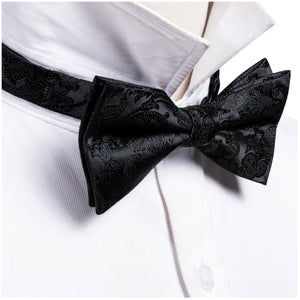 Men's Black Paisley 100% Silk Pre-Tied adjustable Bow Tie Pocket Square Cufflinks Set Neck Tie Barry Wang   
