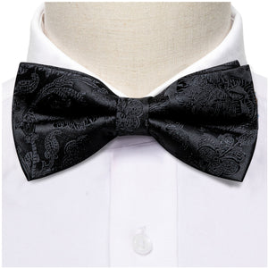 Men's Black Paisley 100% Silk Pre-Tied adjustable Bow Tie Pocket Square Cufflinks Set Neck Tie Barry Wang   