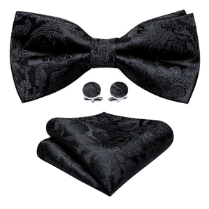Men's Black Paisley 100% Silk Pre-Tied adjustable Bow Tie Pocket Square Cufflinks Set Neck Tie Barry Wang   