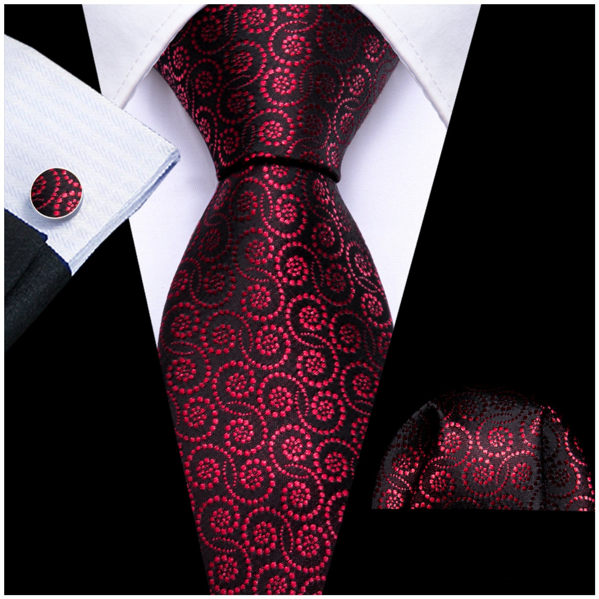 Men's Black And Red Novelty Floral 100% Silk Neck Tie With Matching Hanky And Cufflinks Set Neck Tie Barry Wang   