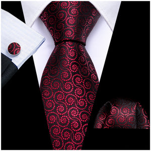 Men's Black And Red Novelty Floral 100% Silk Neck Tie With Matching Hanky And Cufflinks Set Neck Tie Barry Wang   