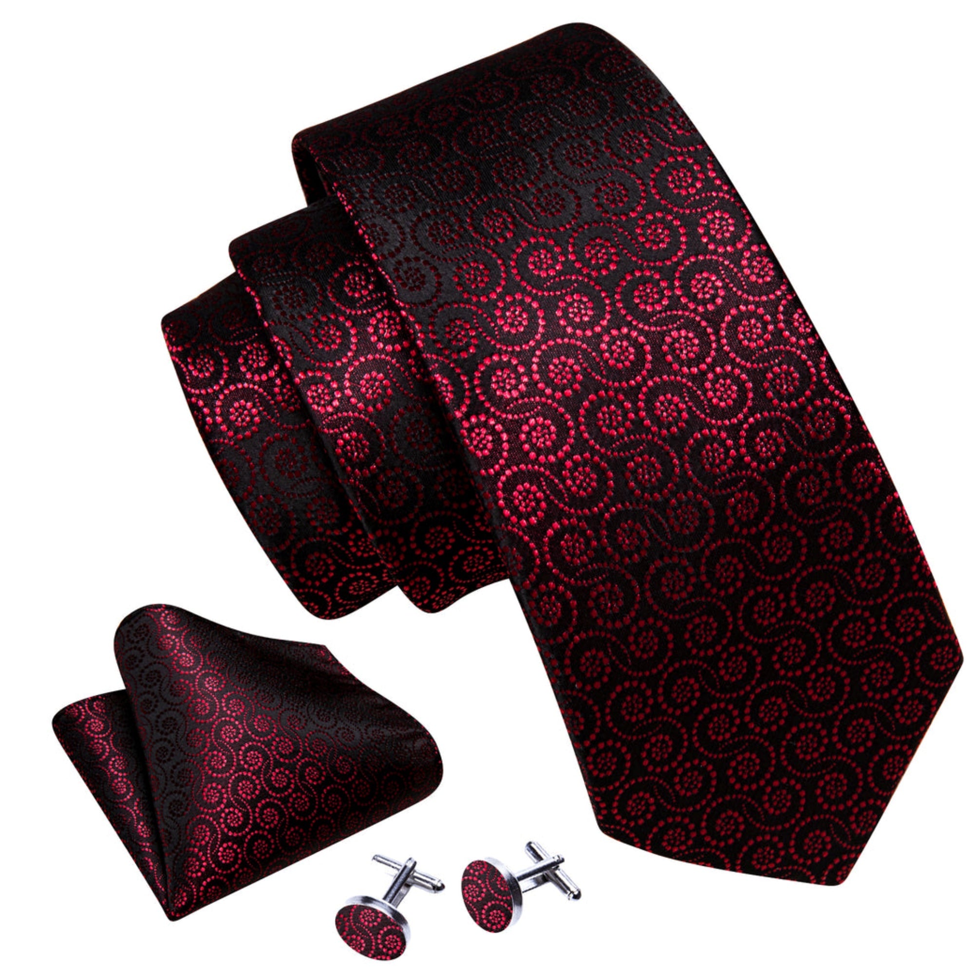 Men's Black And Red Novelty Floral 100% Silk Neck Tie With Matching Hanky And Cufflinks Set Neck Tie Barry Wang   
