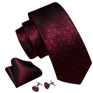 Men's Black And Red Novelty Floral 100% Silk Neck Tie With Matching Hanky And Cufflinks Set Neck Tie Barry Wang   