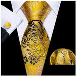Load image into Gallery viewer, Men&#39;s Gold And Blue Floral 100% Silk Neck Tie With Matching Hanky And Cufflinks Set Neck Tie Barry Wang   
