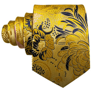 Men's Gold And Blue Floral 100% Silk Neck Tie With Matching Hanky And Cufflinks Set Neck Tie Barry Wang   