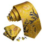 Load image into Gallery viewer, Men&#39;s Gold And Blue Floral 100% Silk Neck Tie With Matching Hanky And Cufflinks Set Neck Tie Barry Wang   
