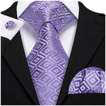 Load image into Gallery viewer, Men&#39;s Purple And White Plaid 100% Silk Neck Tie With Matching Hanky And Cufflinks Set Neck Tie Barry Wang   
