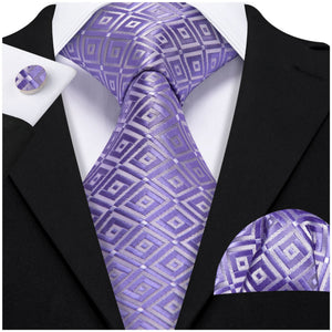 Men's Purple And White Plaid 100% Silk Neck Tie With Matching Hanky And Cufflinks Set Neck Tie Barry Wang   