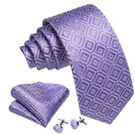 Load image into Gallery viewer, Men&#39;s Purple And White Plaid 100% Silk Neck Tie With Matching Hanky And Cufflinks Set Neck Tie Barry Wang   
