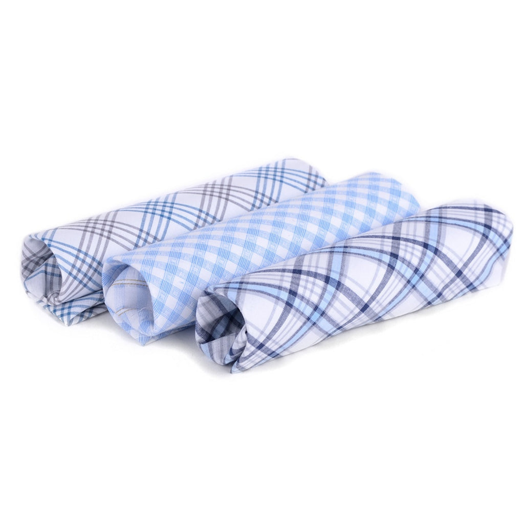 Men's White, Brown And Blue Plaid 100% Cotton 3 PCS Handkerchiefs Prefolded Pocket Squares UMO LORENZO