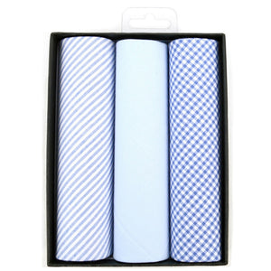 Men's Blue Solid, Striped And Plaid 100% Cotton 3 PCS Handkerchiefs Prefolded Pocket Squares UMO LORENZO