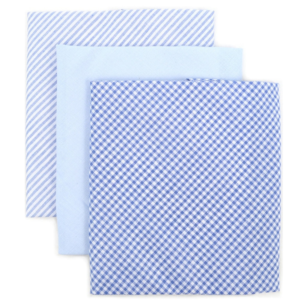 Men's Blue Solid, Striped And Plaid 100% Cotton 3 PCS Handkerchiefs Prefolded Pocket Squares UMO LORENZO