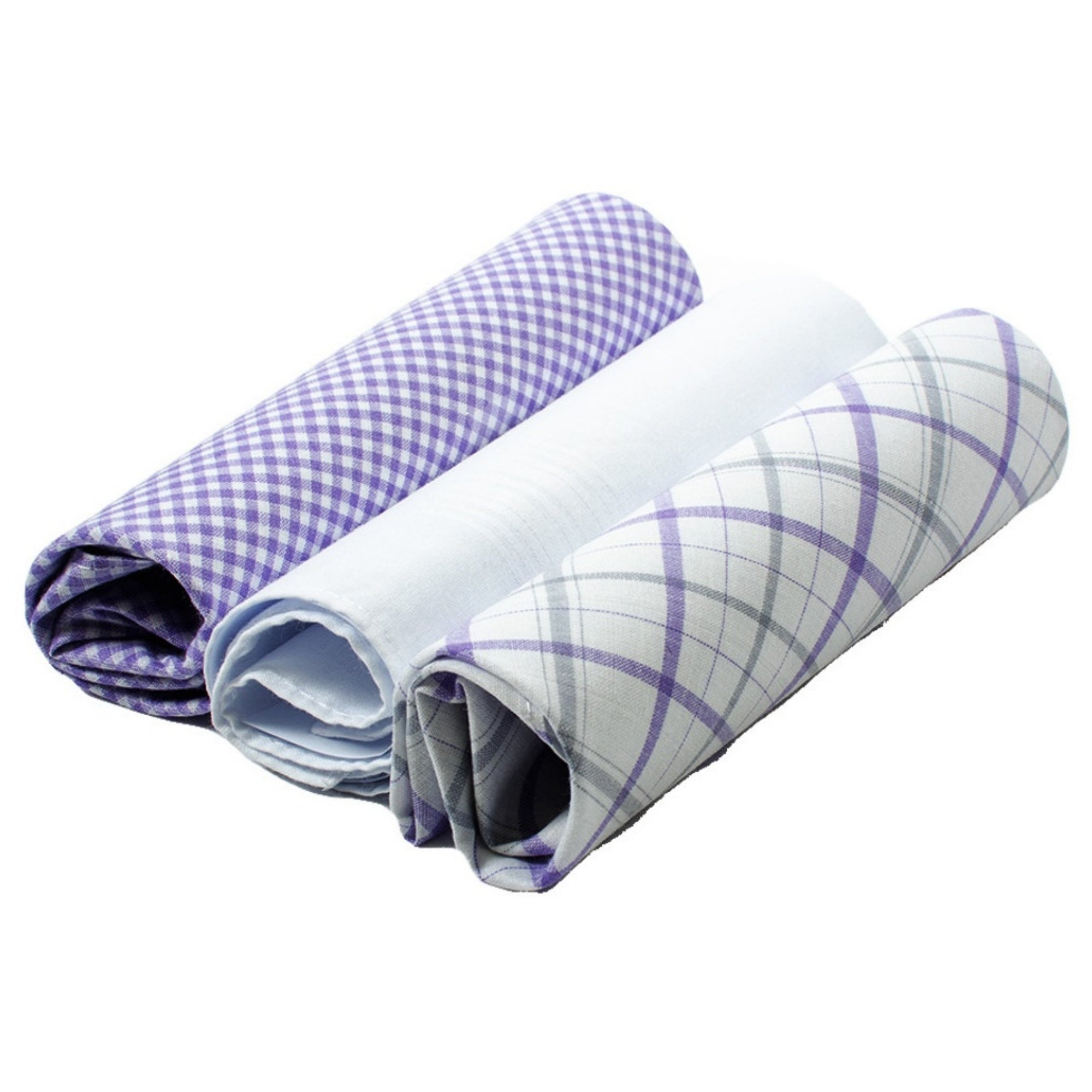 Men's White Solid And Lavender Plaid 100% Cotton 3 PCS Handkerchiefs Prefolded Pocket Squares UMO LORENZO