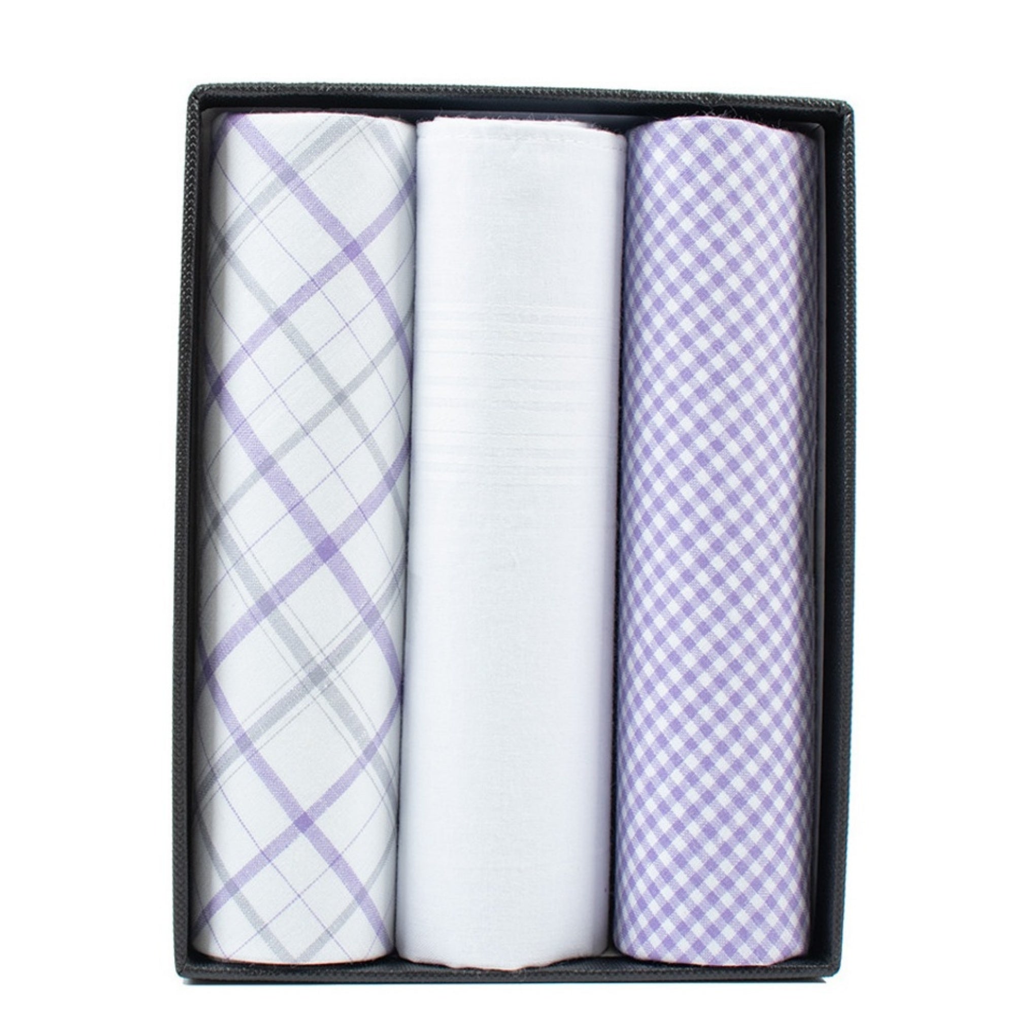 Men's White Solid And Lavender Plaid 100% Cotton 3 PCS Handkerchiefs Prefolded Pocket Squares UMO LORENZO