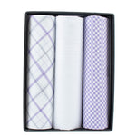 Load image into Gallery viewer, Men&#39;s White Solid And Lavender Plaid 100% Cotton 3 PCS Handkerchiefs Prefolded Pocket Squares UMO LORENZO
