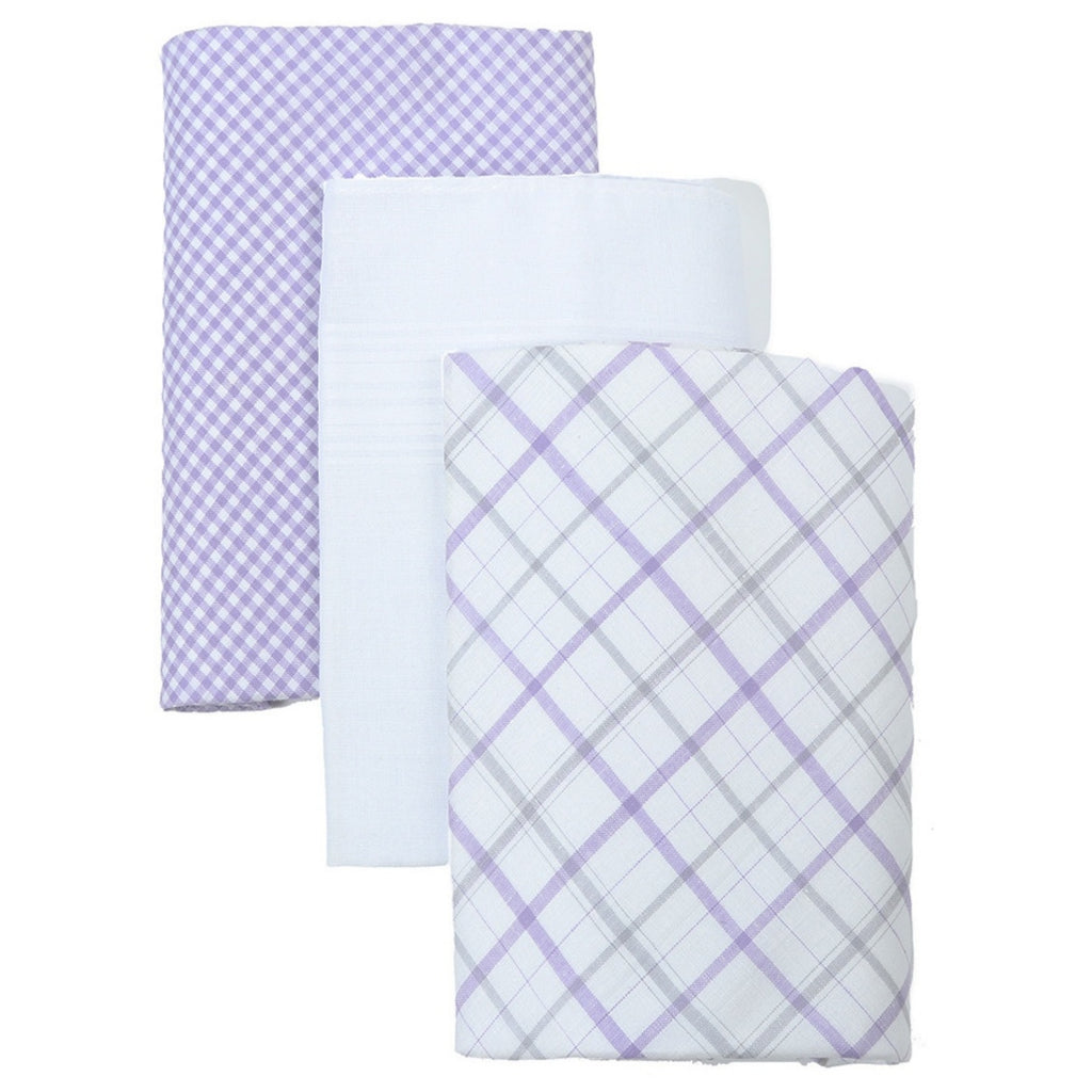 Men's White Solid And Lavender Plaid 100% Cotton 3 PCS Handkerchiefs Prefolded Pocket Squares UMO LORENZO