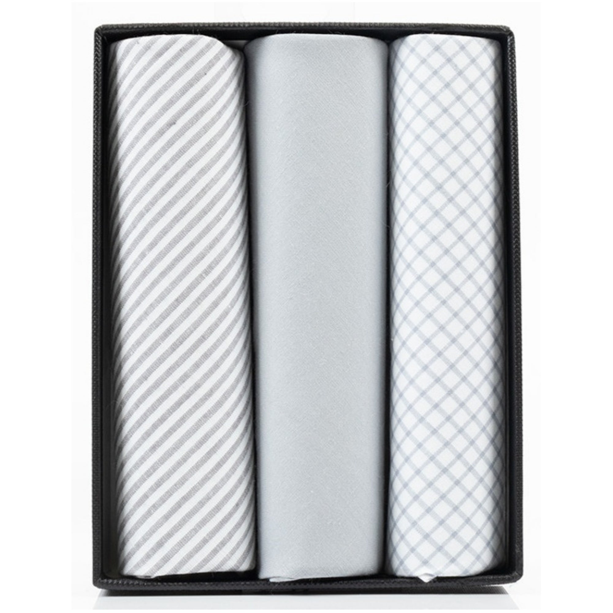 Men's Gray Solid And White Fancy 100% Cotton 3 PCS Handkerchiefs Prefolded Pocket Squares UMO LORENZO