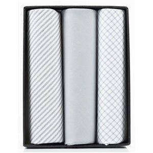 Men's Gray Solid And White Fancy 100% Cotton 3 PCS Handkerchiefs Prefolded Pocket Squares UMO LORENZO