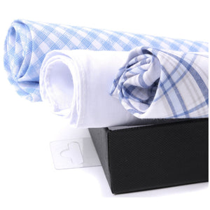 Men's White Solid And Blue Plaid 100% Cotton 3 PCS Handkerchiefs Prefolded Pocket Squares UMO LORENZO