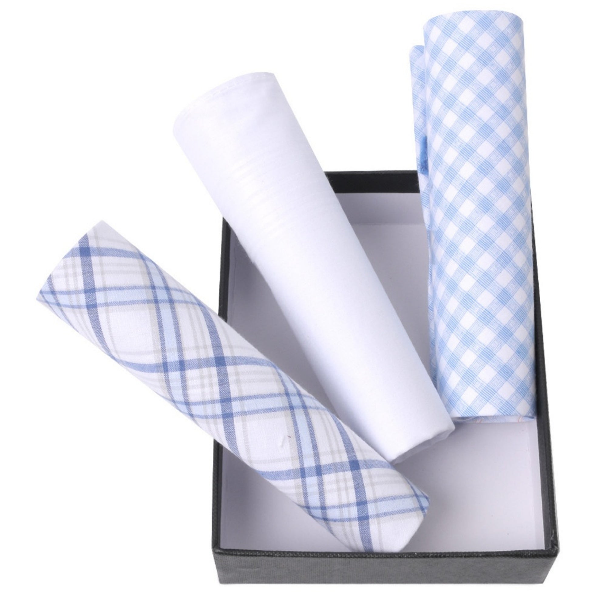 Men's White Solid And Blue Plaid 100% Cotton 3 PCS Handkerchiefs Prefolded Pocket Squares UMO LORENZO
