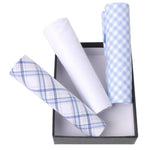 Load image into Gallery viewer, Men&#39;s White Solid And Blue Plaid 100% Cotton 3 PCS Handkerchiefs Prefolded Pocket Squares UMO LORENZO
