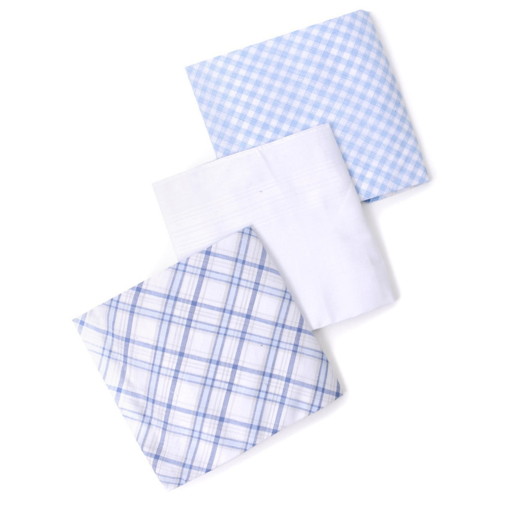 Men's White Solid And Blue Plaid 100% Cotton 3 PCS Handkerchiefs Prefolded Pocket Squares UMO LORENZO