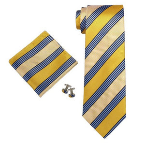Men's Yellow And Blue Stripes Silk Neck Tie Set  Cufflinks & Hanky Neck Tie Dapper World Yellow Regular 