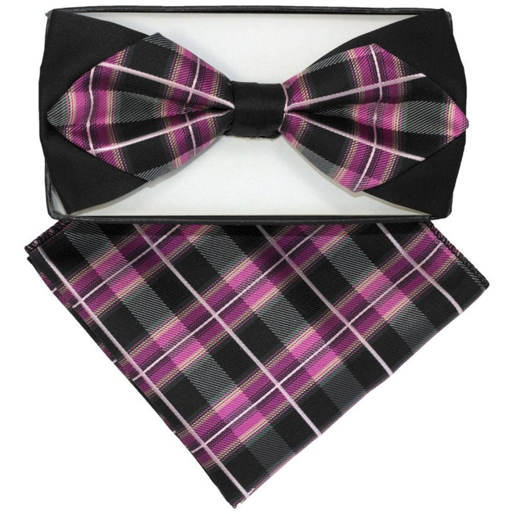 Men's Black & Purple Plaid Diamond Pre Tied Bow Tie & Hanky Neck Tie TheDapperTie Pink Regular 