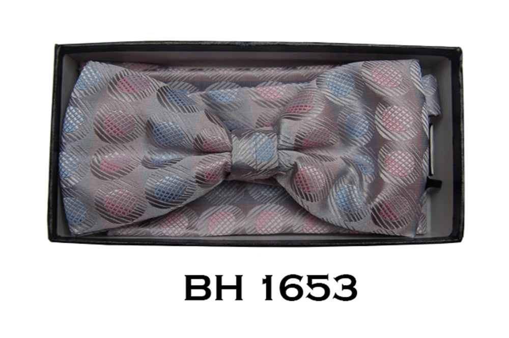 Men's Dark Grey, Blue Polka Dots Pre-Tied Bow Tie With Matching Hanky Bh-1653 Bow Tie Dapper World Grey Regular 