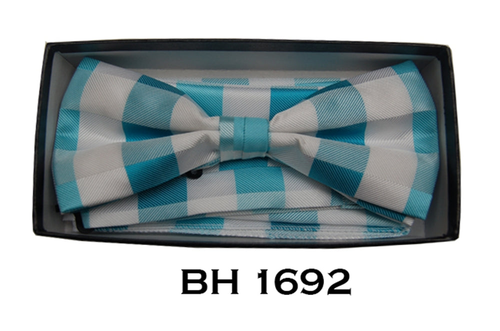 Men's Blue White Checks Pre-Tied Bow Tie With Matching Hanky BH-1692 Bow Tie TheDapperTie Blue Regular 
