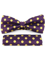 Load image into Gallery viewer, Men&#39;s Black And Gold Polka Dots Pre-tied Adjustable Length Bow Tie &amp; Hanky Set Men&#39;s Solid Color Bow Tie TheDapperTie Purple &amp; Yellow One Size 

