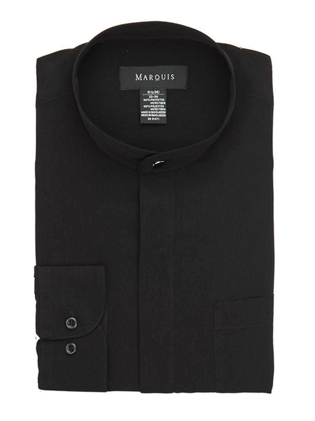 Marquis Long Sleeve Banded Collar Shirt Size S To XXXL Banded Collar Shirt Marquis Black Small 14.5, 32-33