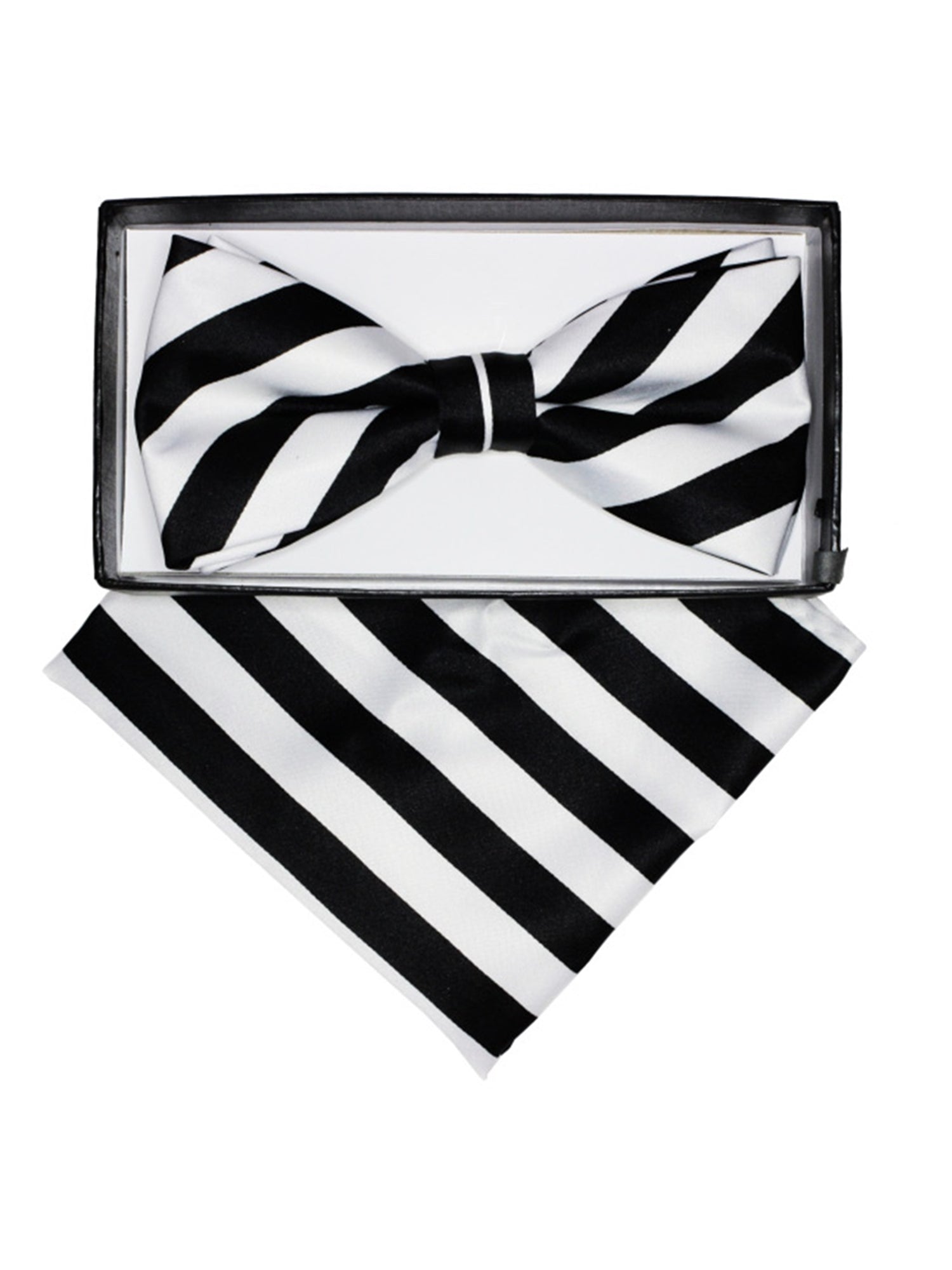 Men's Stripes Pre-tied Adjustable Bow Tie With Hanky Bow Tie TheDapperTie Black & White One Size 