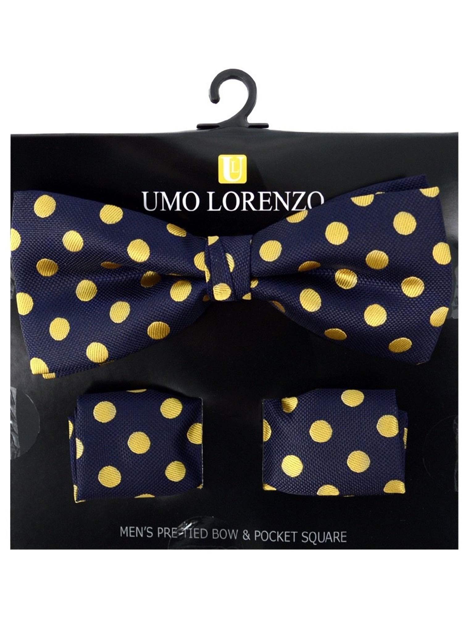 Men's Black And Gold Polka Dots Pre-tied Adjustable Length Bow Tie & Hanky Set Men's Solid Color Bow Tie TheDapperTie Navy & Gold One Size 