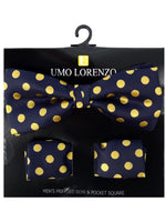 Load image into Gallery viewer, Men&#39;s Black And Gold Polka Dots Pre-tied Adjustable Length Bow Tie &amp; Hanky Set Men&#39;s Solid Color Bow Tie TheDapperTie Navy &amp; Gold One Size 
